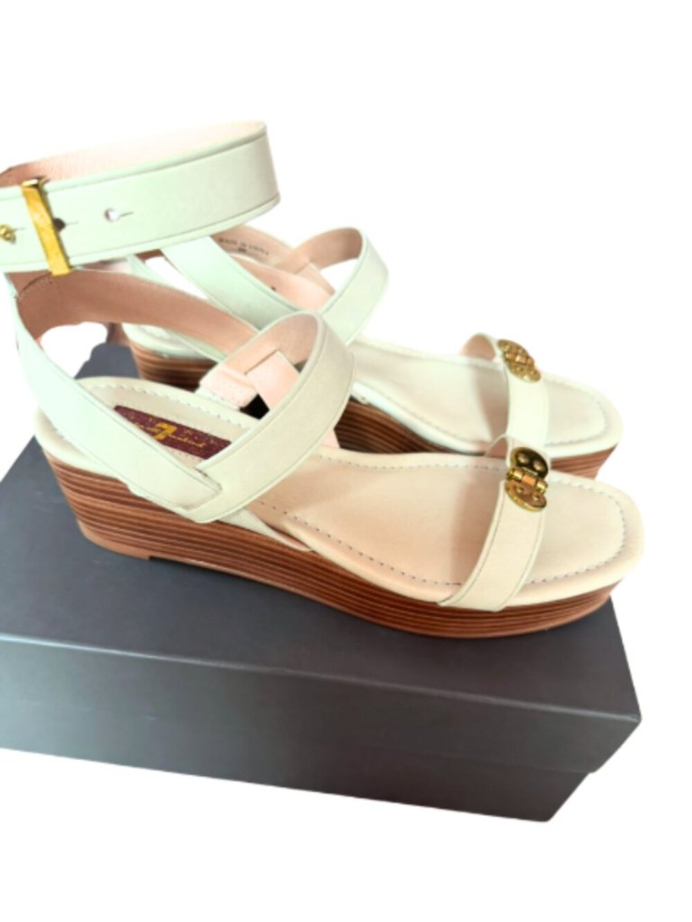 7 For All Mankind Wood Wedge Platform Sandal Gold Hardware Hinge Strap Sz 9